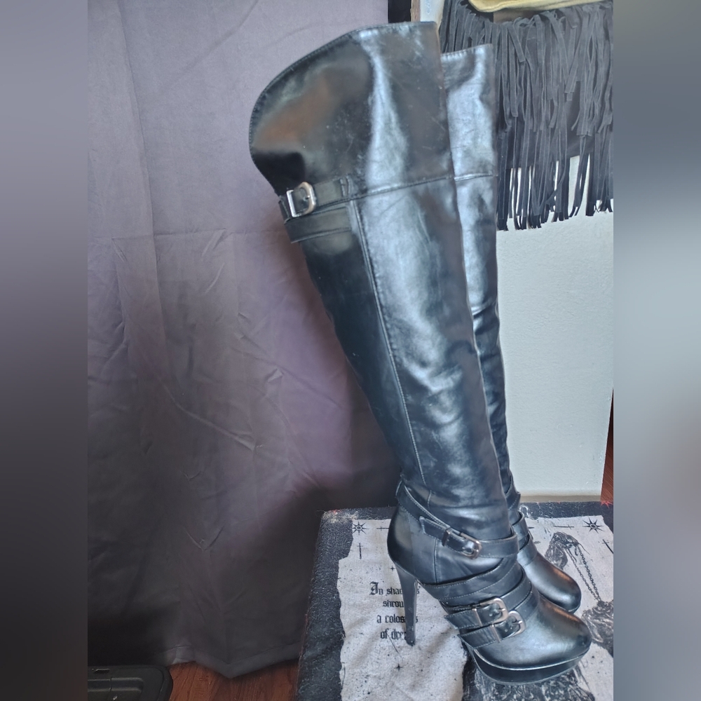 Black Over-the-Knee Heeled Boots with Buckle Detail - Picture 2 of 4